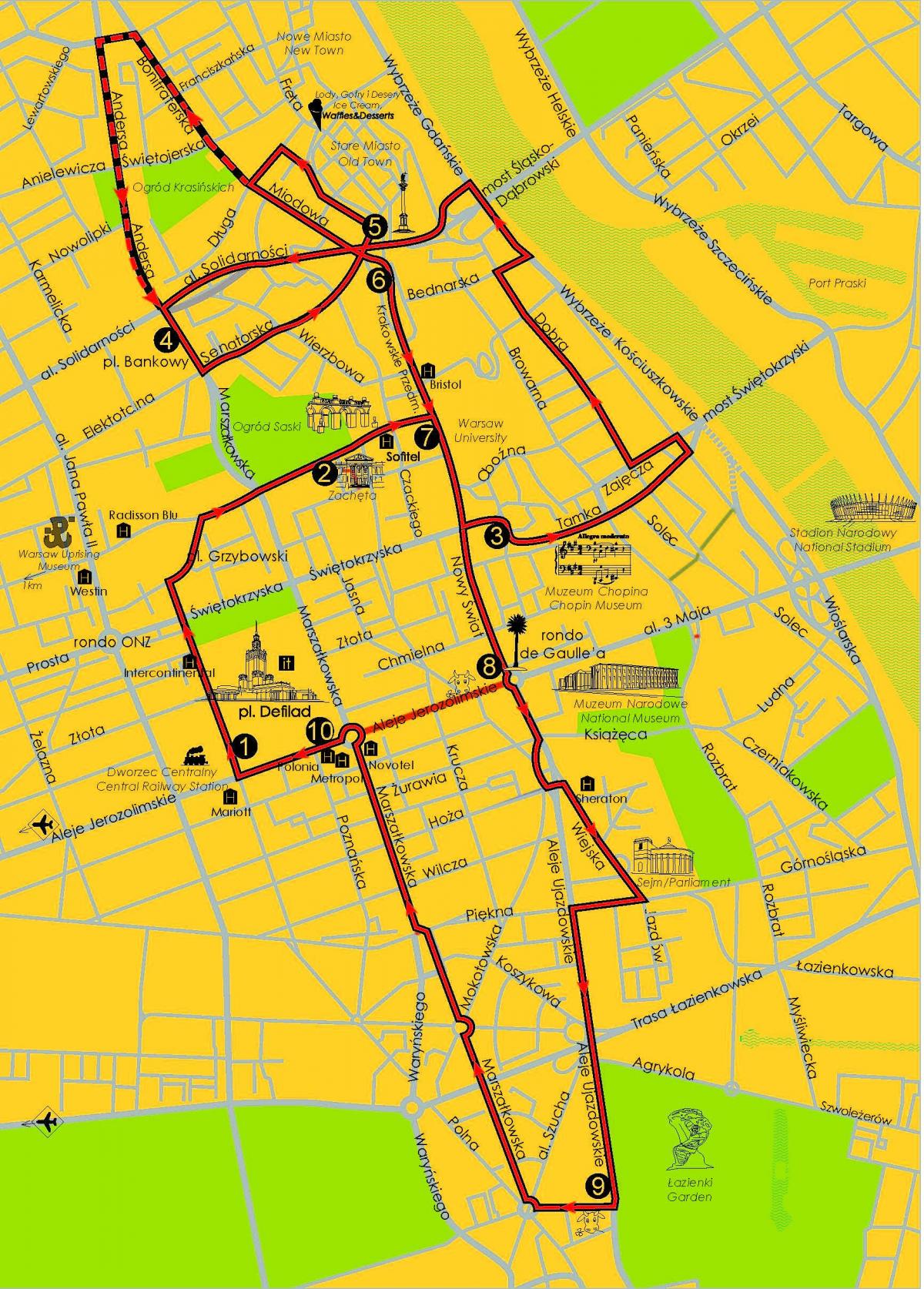 Mapa de Varsovia bus hop on hop off 