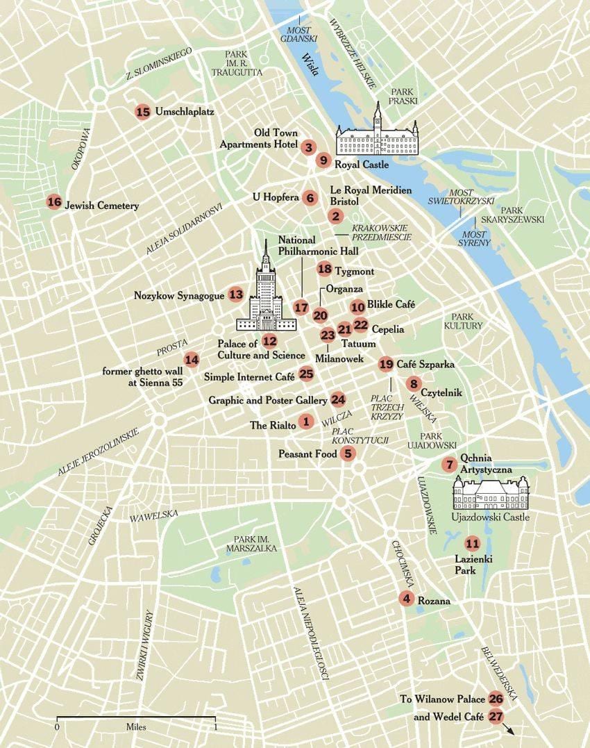 mapa de Varsovia, con lugares de interés turístico
